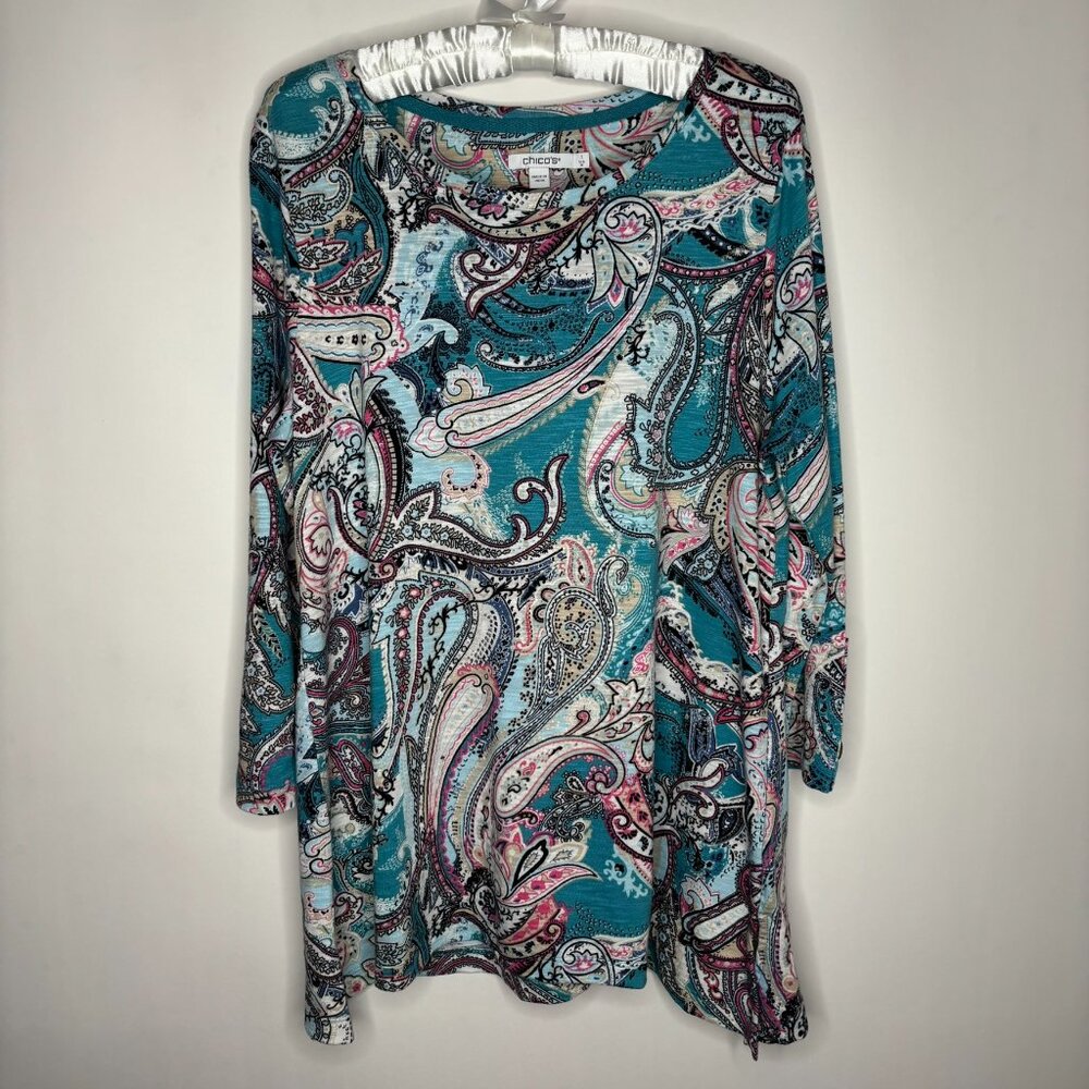 Chico's Top Women 1 Medium/8 Blue Scoop Neck Paisley Print Blouse Tunic